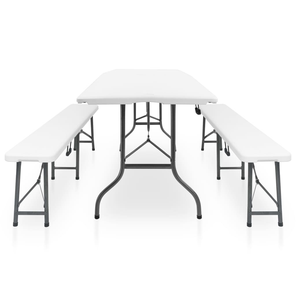 Folding Garden Table with 2 Benches 180 cm Steel and HDPE White