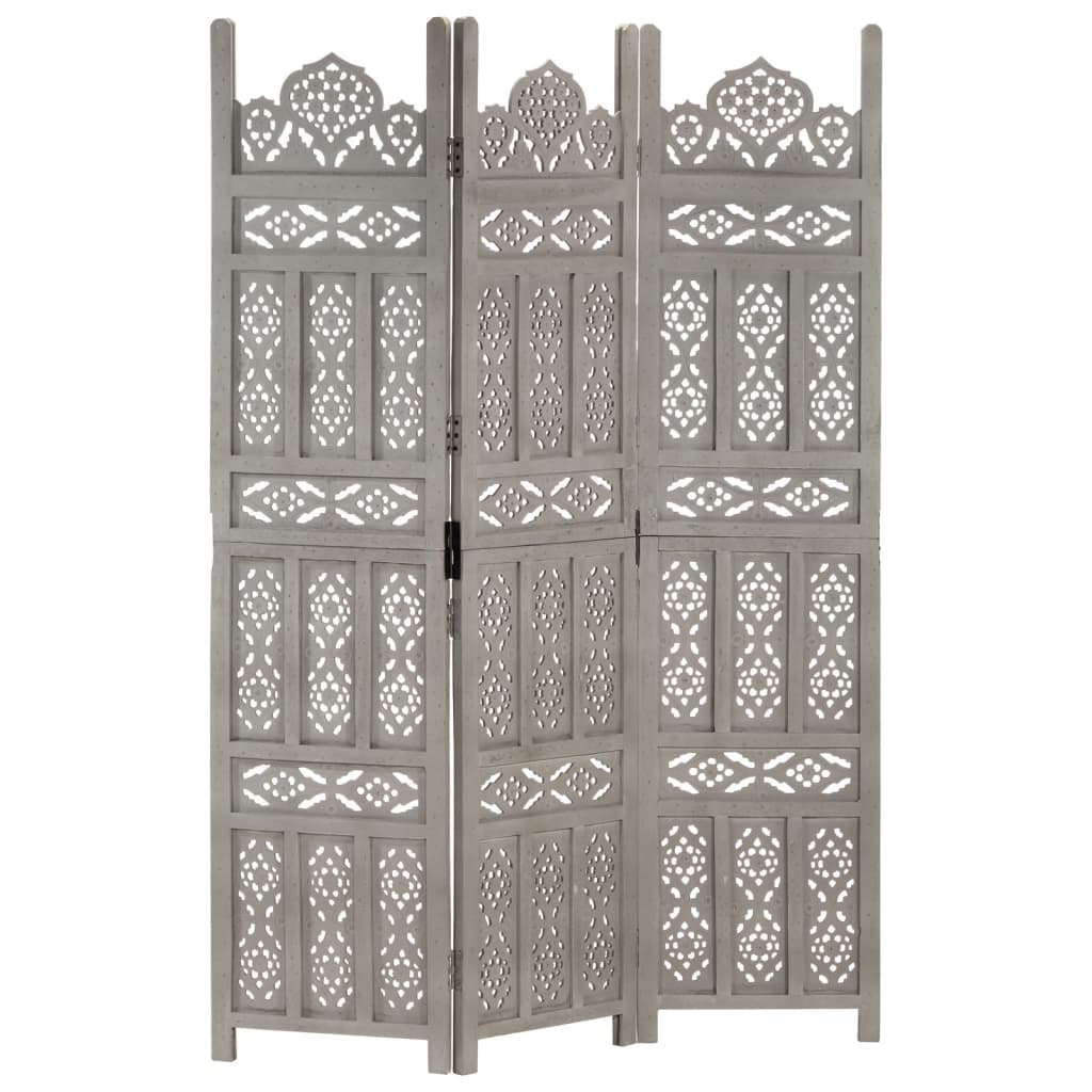 Hand carved 3-Panel Room Divider Grey 120x165 cm Solid Mango Wood