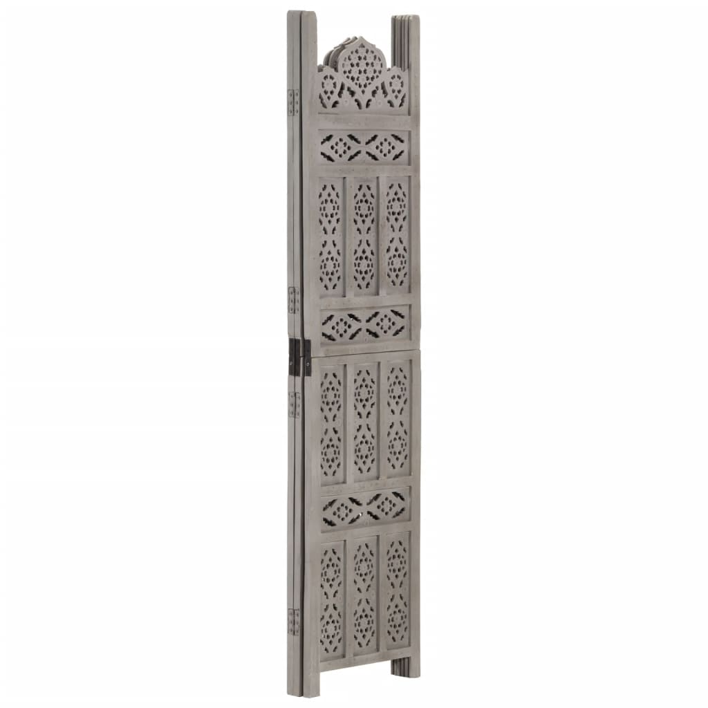 Hand carved 3-Panel Room Divider Grey 120x165 cm Solid Mango Wood