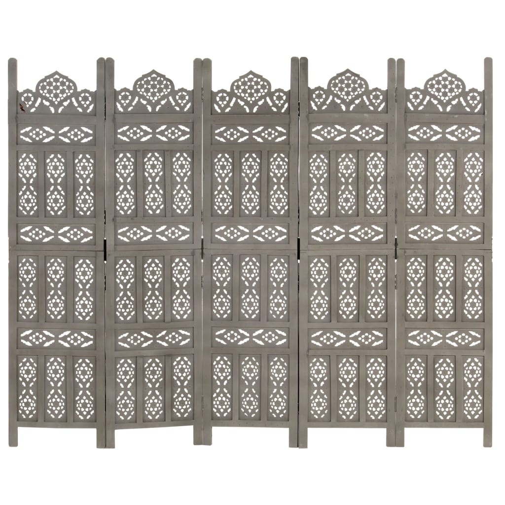 Hand carved 5-Panel Room Divider Grey 200x165 cm Solid Mango Wood