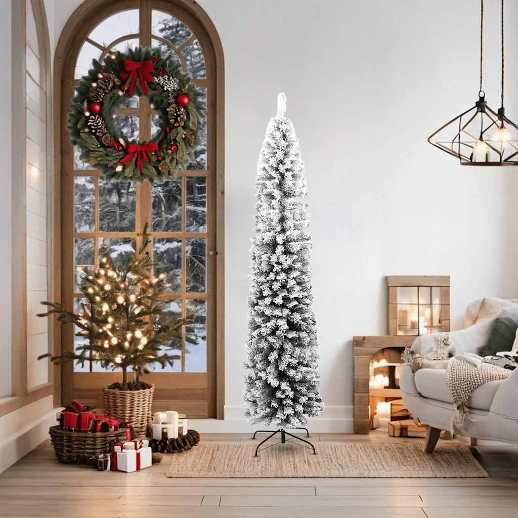 Slim Artificial Christmas Tree with Flocked Snow Green 180 cm PVC