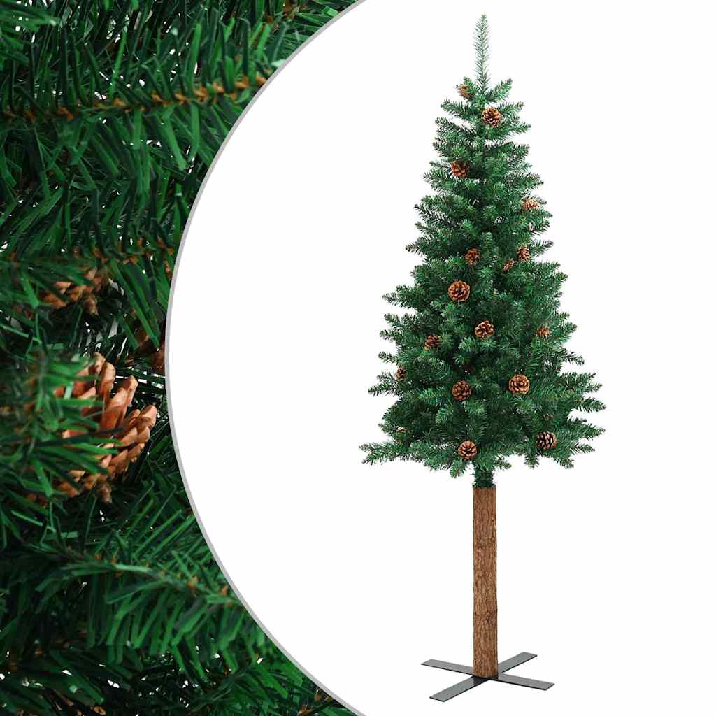 Slim Christmas Tree with Real Wood and Cones Green 150 cm PVC