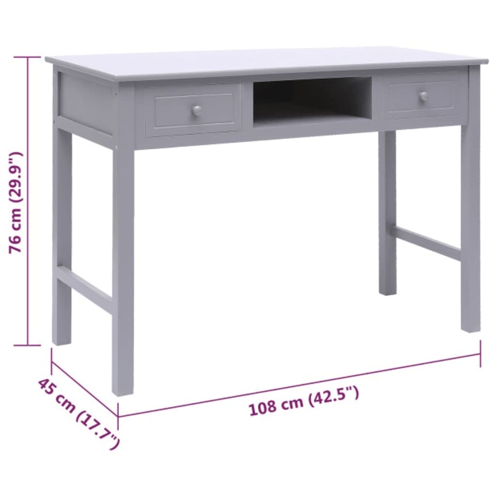 Desk Grey 108x45x76 cm Solid Wood Paulownia