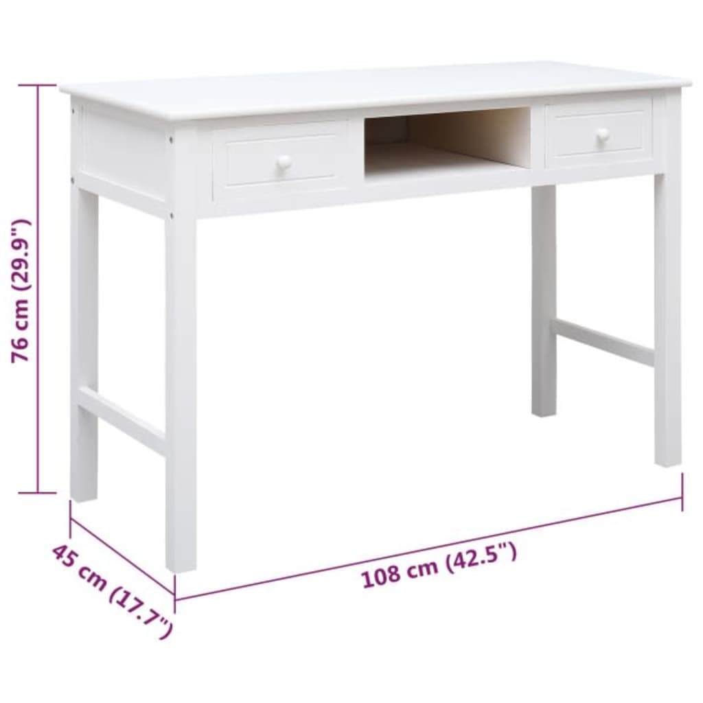Desk White 108x45x76 cm Solid Wood Paulownia