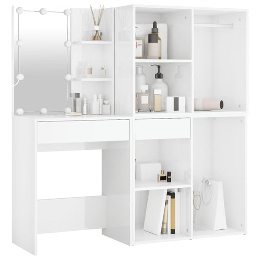 Led Dressing Table With 2 Cabinets High Gloss White Engineered Wood