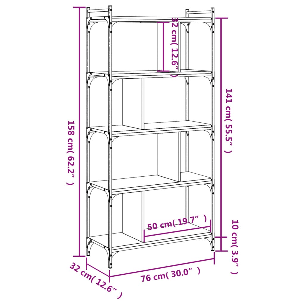 Bookcase 5-Tier Grey Sonoma 76x32x158 cm Engineered Wood
