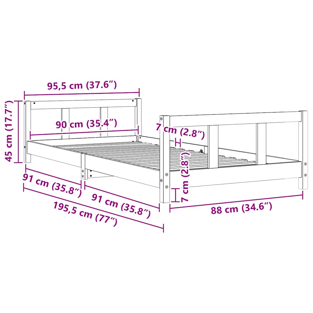 Kids Bed Frame 90x190 cm Solid Wood Pine