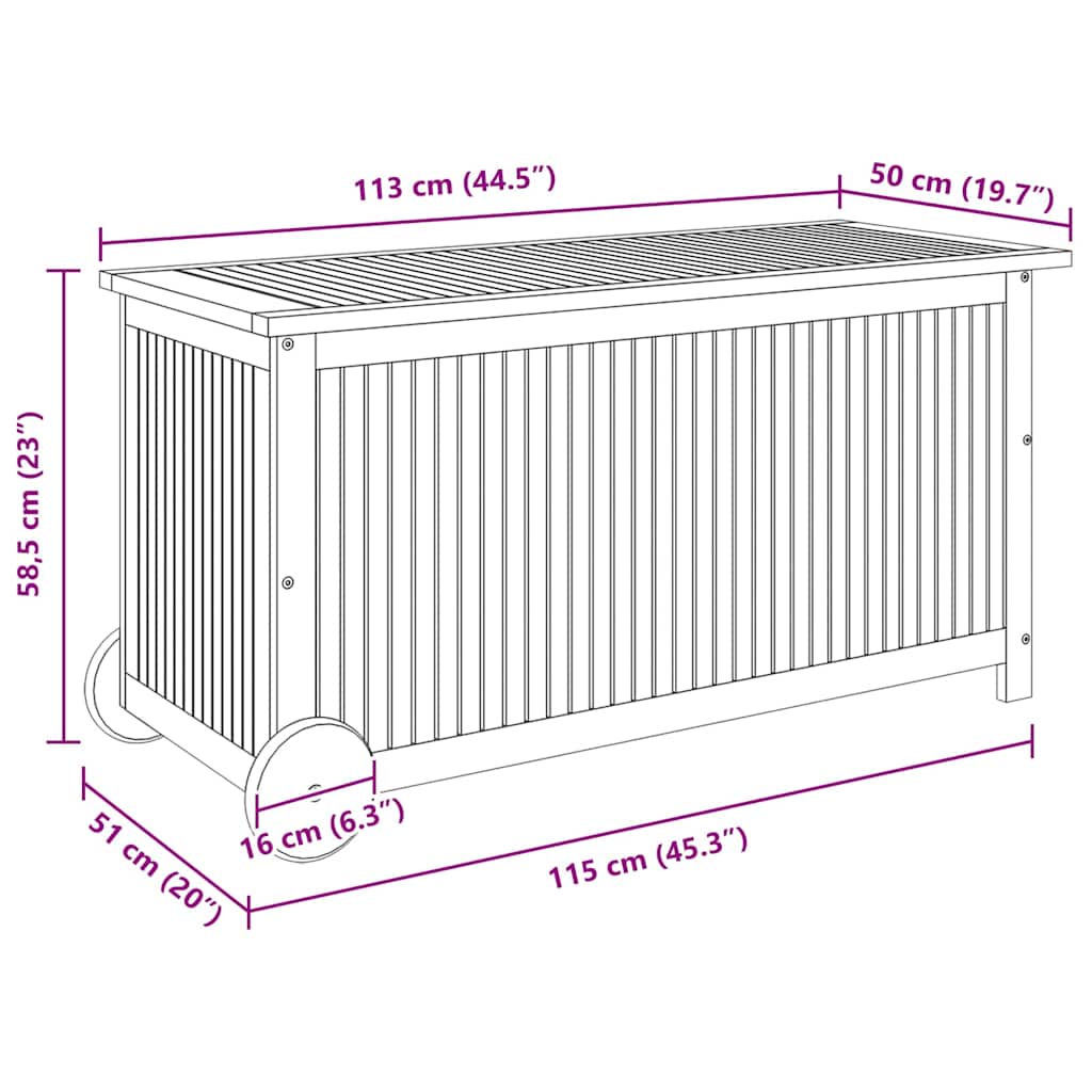 Garden Storage Box with Wheels 113x50x58 cm Solid Wood Acacia