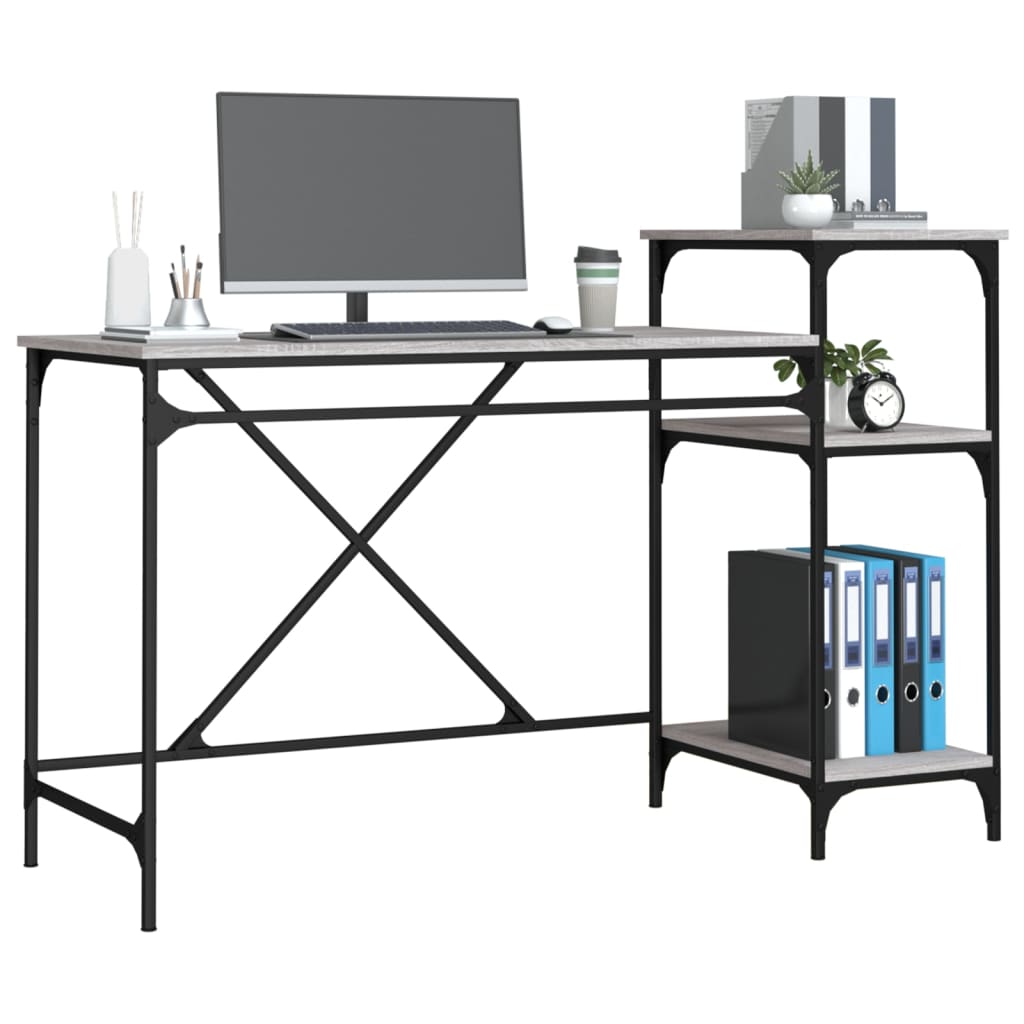 Desk with Shelves Grey Sonoma 135x50x90 cm Engineered Wood&Iron