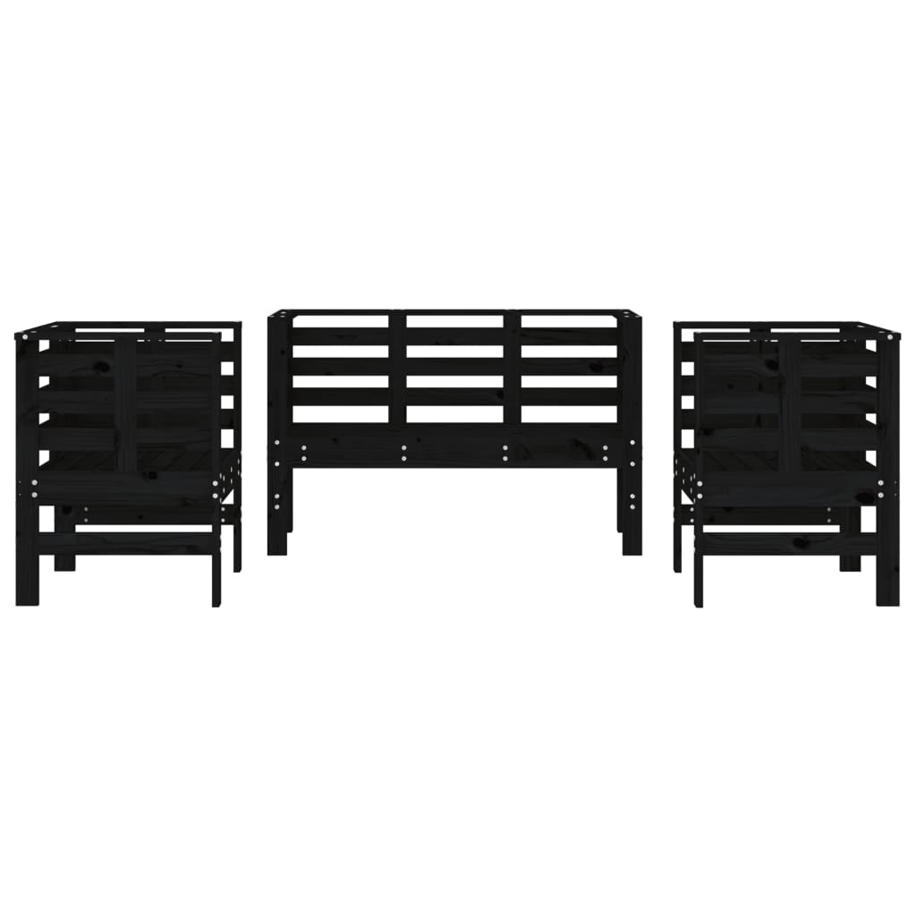 3 Piece Garden Lounge Set Black Solid Wood Pine