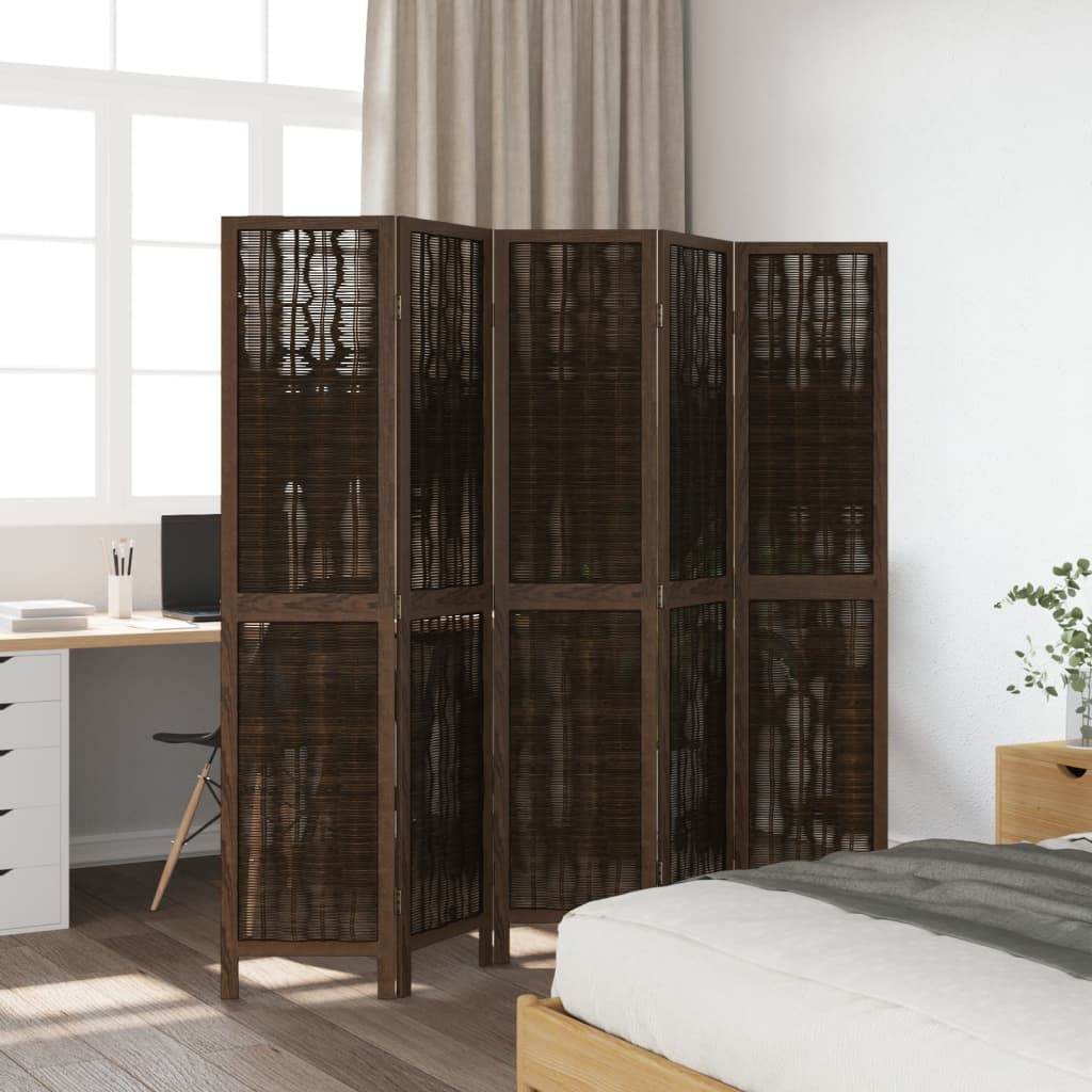 Room Divider 5 Panels Dark Brown Solid Wood Paulownia
