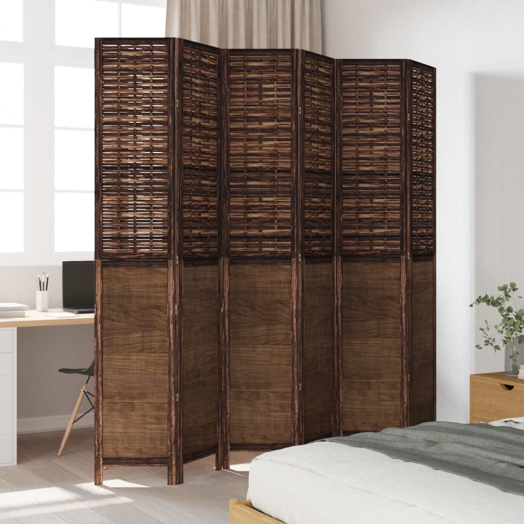 Room Divider 6 Panels Dark Brown Solid Wood Paulownia