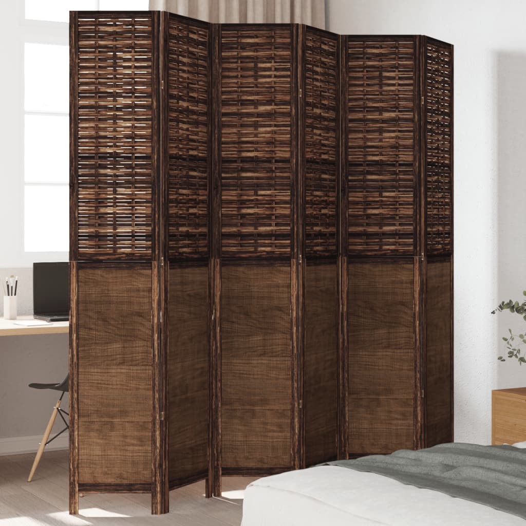 Room Divider 6 Panels Dark Brown Solid Wood Paulownia