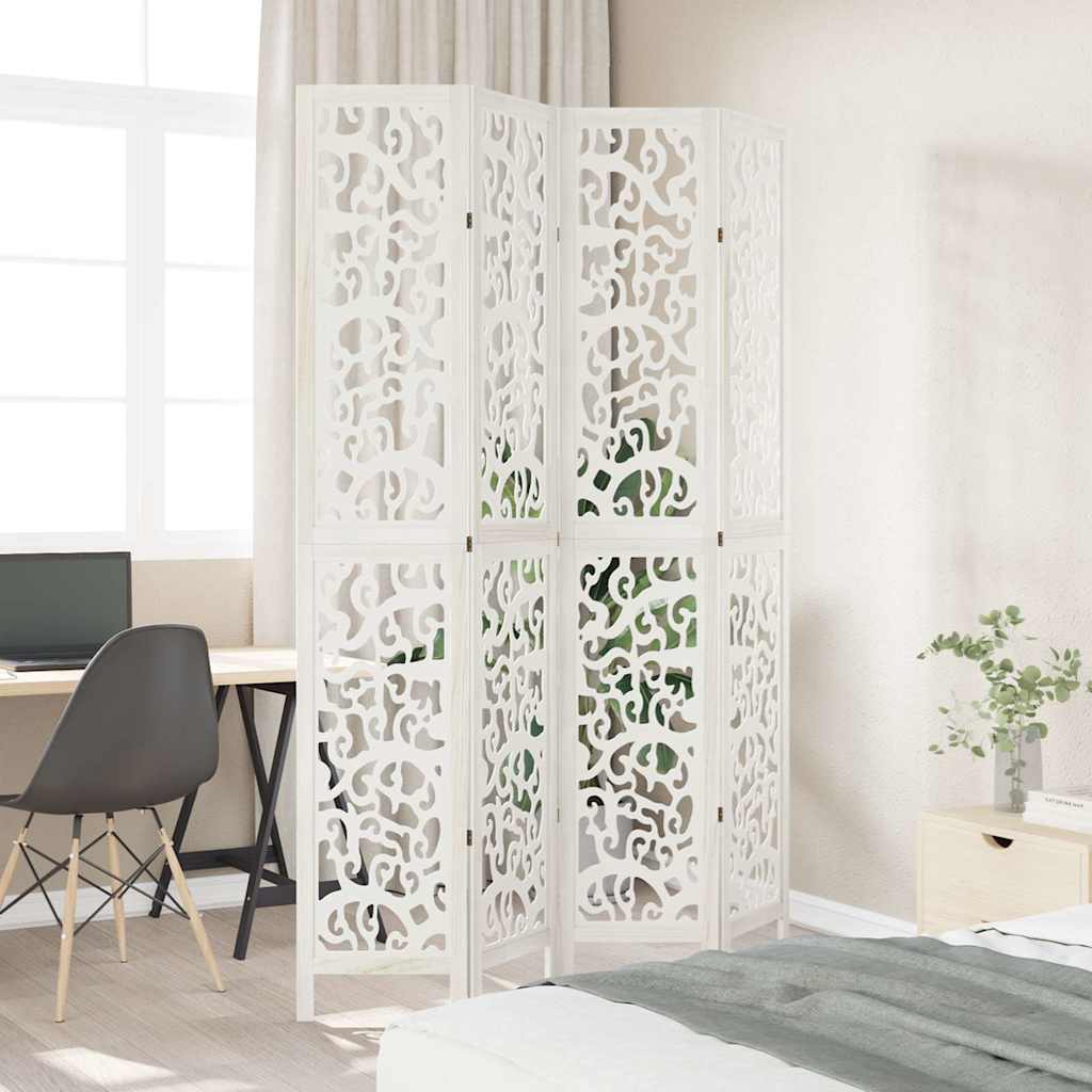 Room Divider 4 Panels White Solid Wood Paulownia