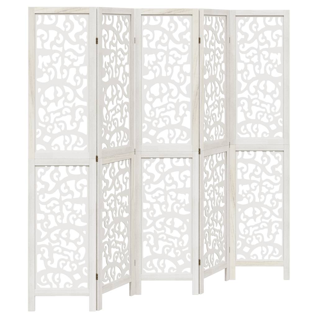 Room Divider 5 Panels White Solid Wood Paulownia