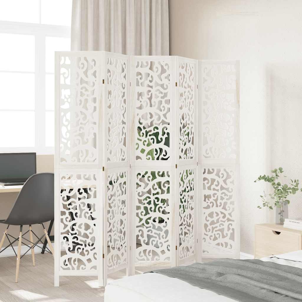 Room Divider 5 Panels White Solid Wood Paulownia