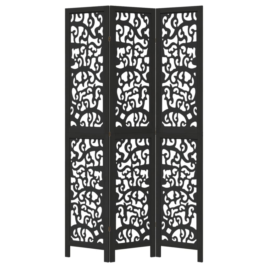 Room Divider 3 Panels Black Solid Wood Paulownia
