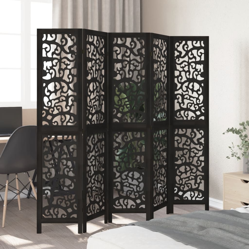 Room Divider 5 Panels Black Solid Wood Paulownia