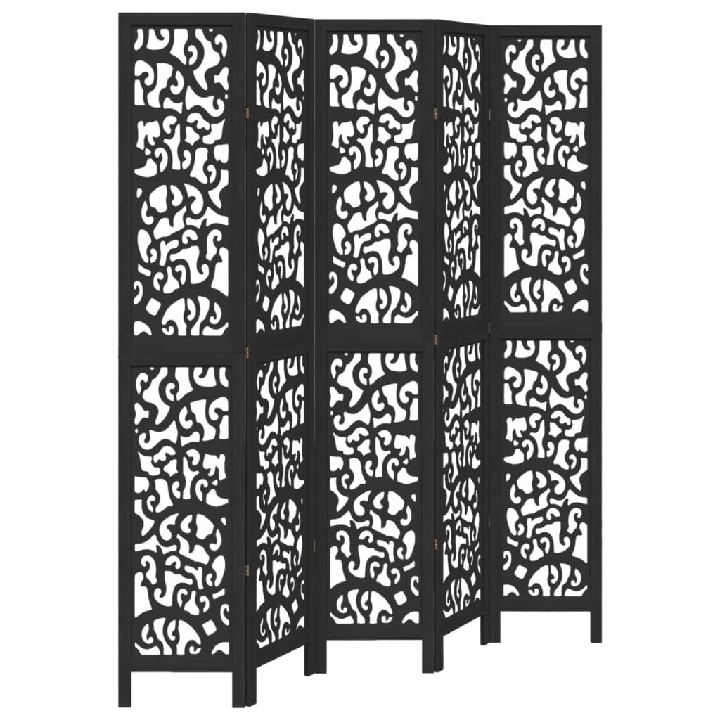 Room Divider 5 Panels Black Solid Wood Paulownia