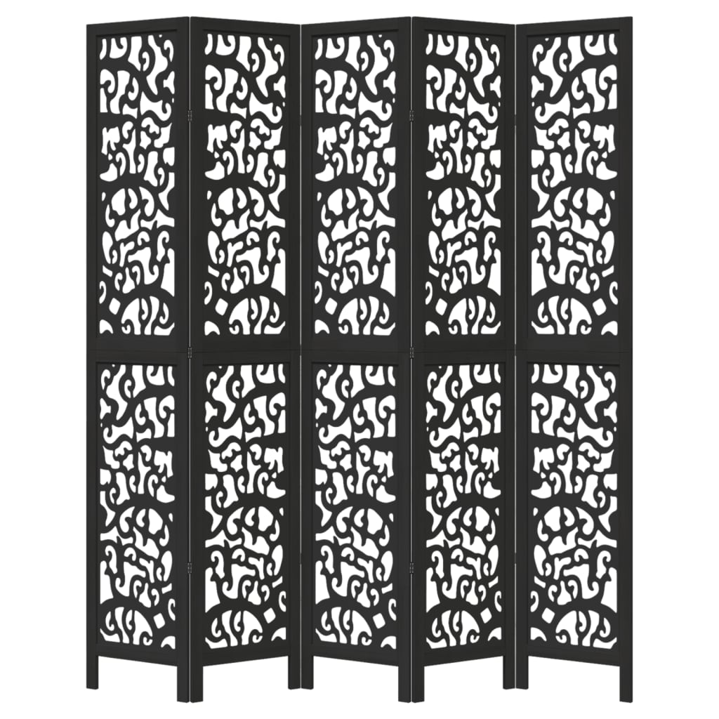 Room Divider 5 Panels Black Solid Wood Paulownia