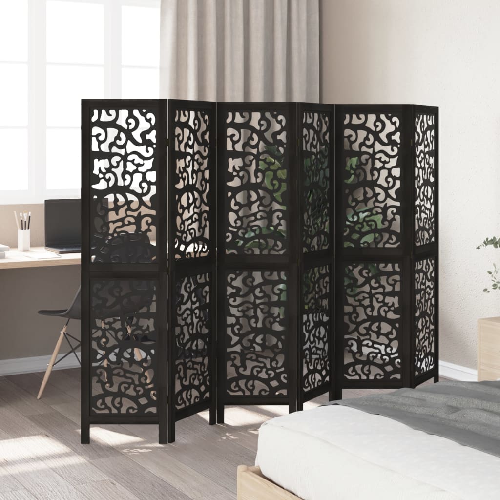 Room Divider 6 Panels Black Solid Wood Paulownia