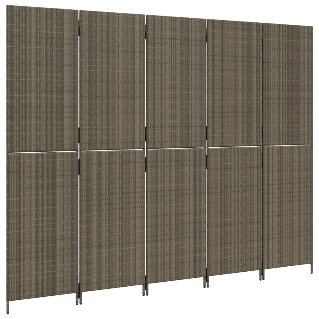 Room Divider 5 Panels Grey Poly Rattan
