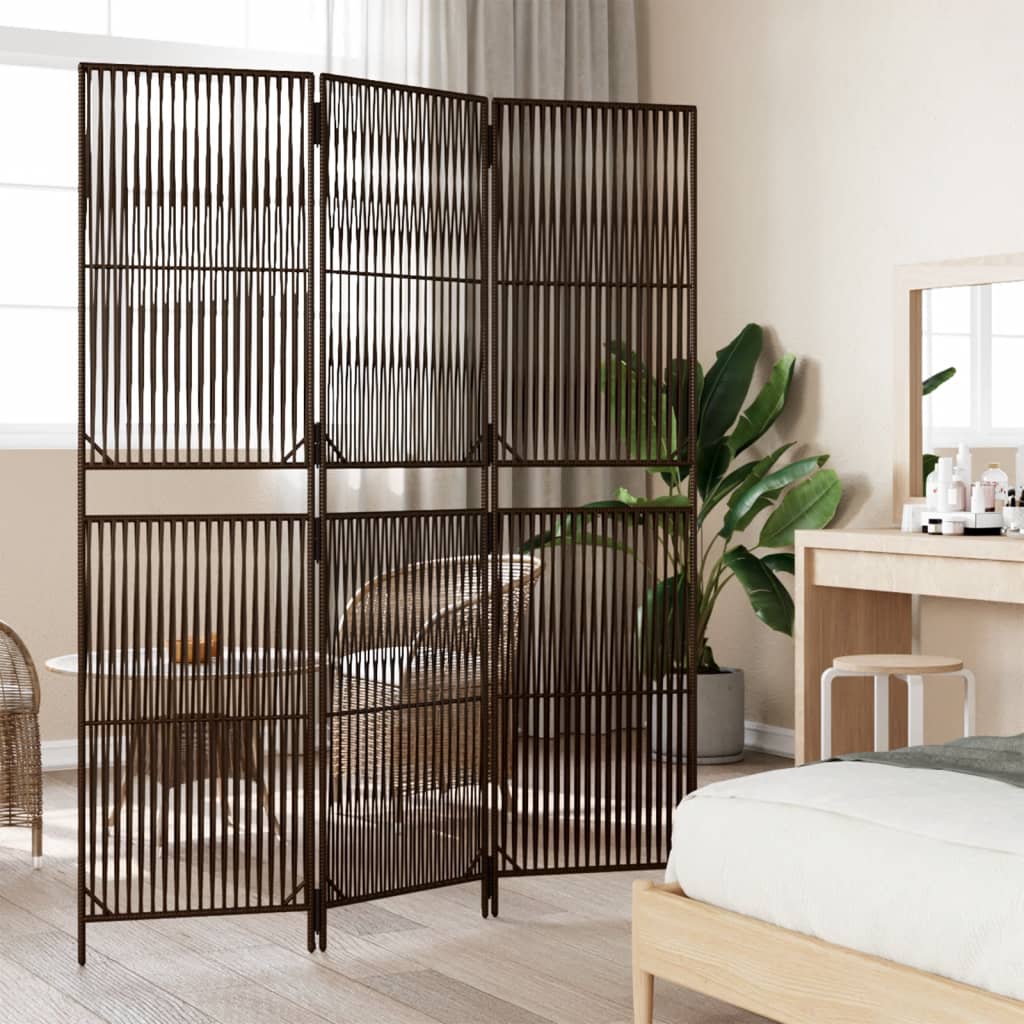 Room Divider 3 Panels Brown Poly Rattan