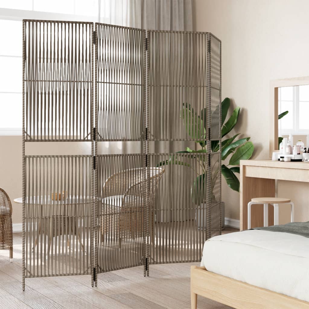 Room Divider 4 Panels Grey Poly Rattan