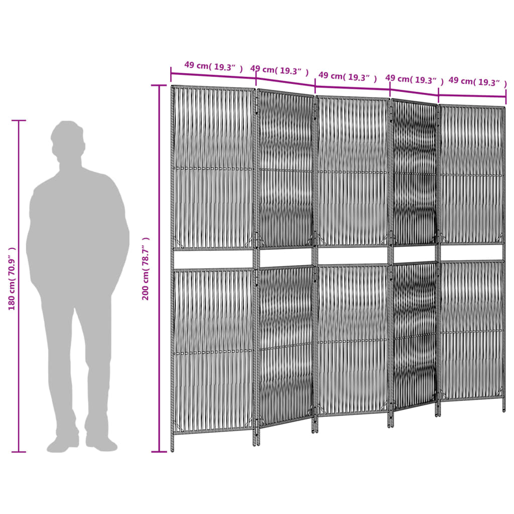 Room Divider 5 Panels Brown Poly Rattan