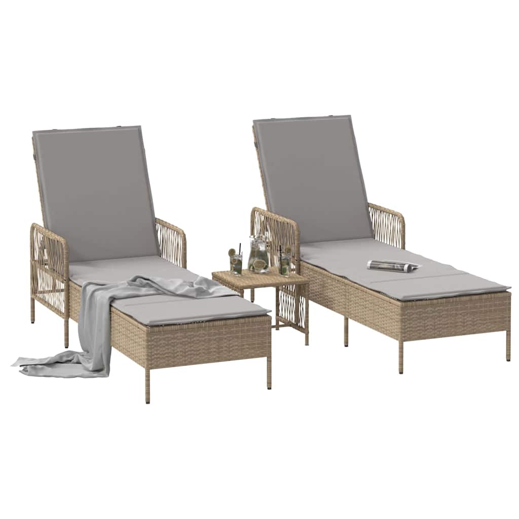 Sun lounger Reclining 2 pcs Beige 35 x 35 x 32cm Poly Rattan