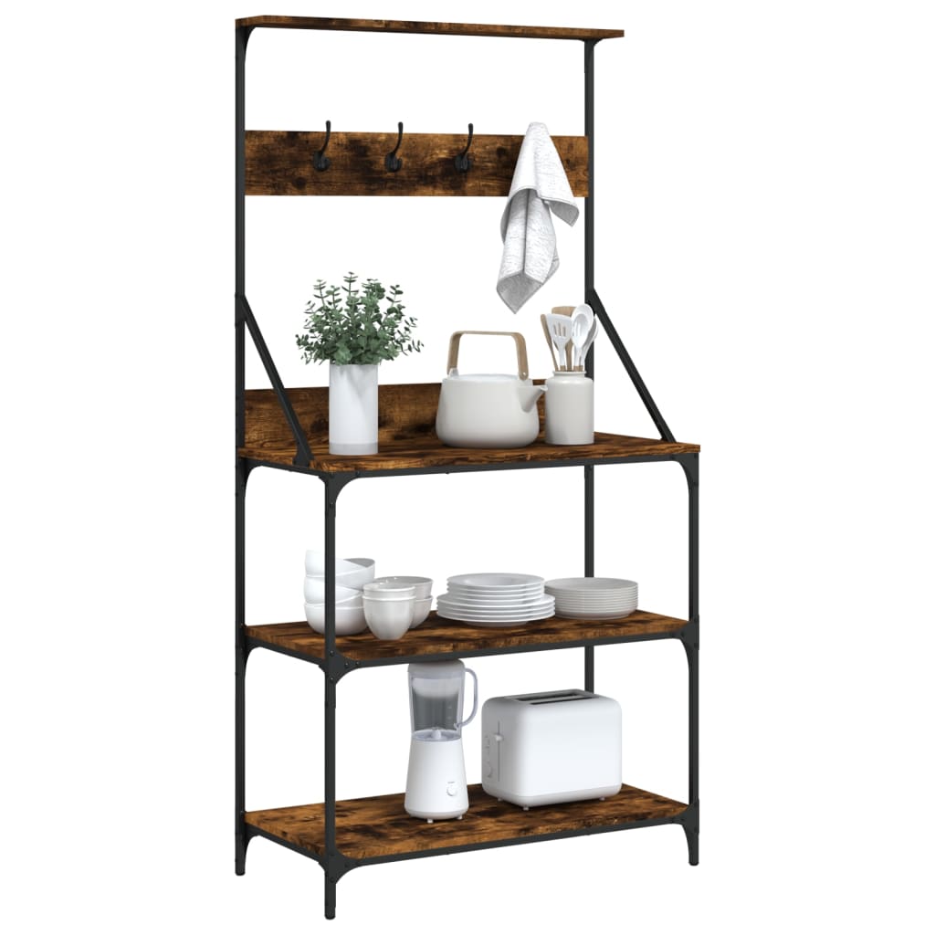 Baker's Rack with Hooks 4-Tier Smoked Oak Engineered Wood