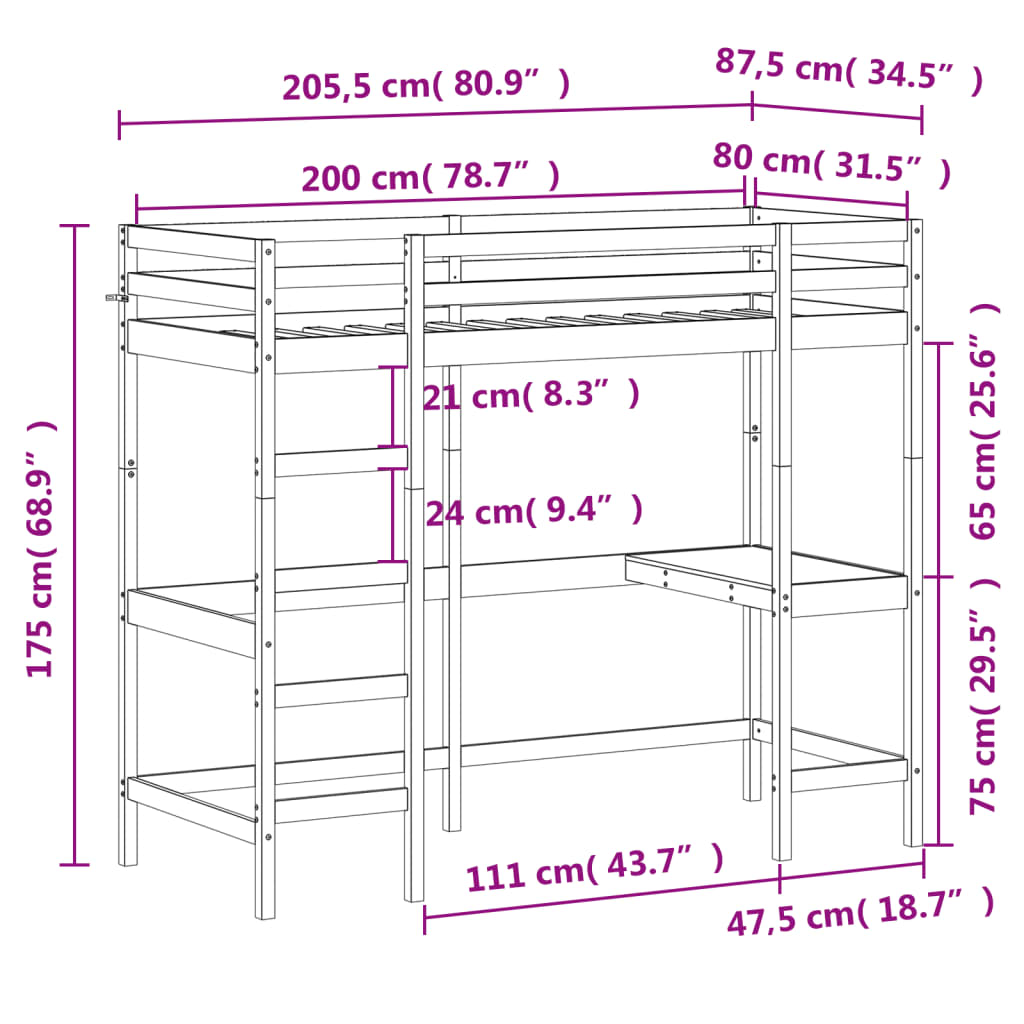 Loft Bed without Mattress White 80x200 cm Solid Wood Pine