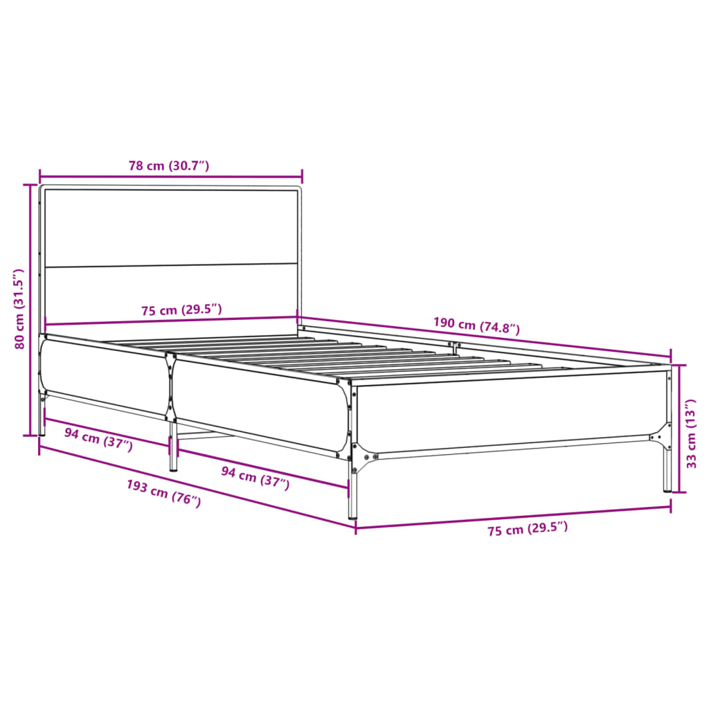 Bed Frame without Mattress Grey Sonoma 75x190 cm Small Single