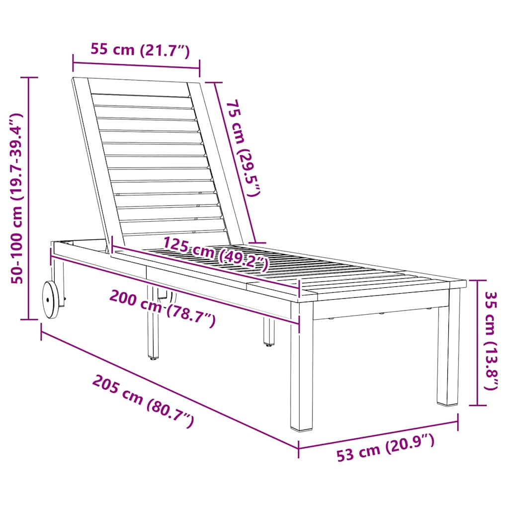 Sun Lounger Reclining Brown 207 x 58 x 35cm Solid Acacia wood