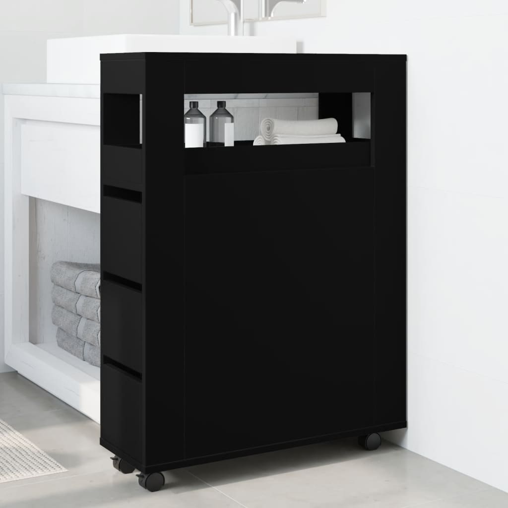 Narrow Bathroom Cabinet with Wheels Black Engineered Wood