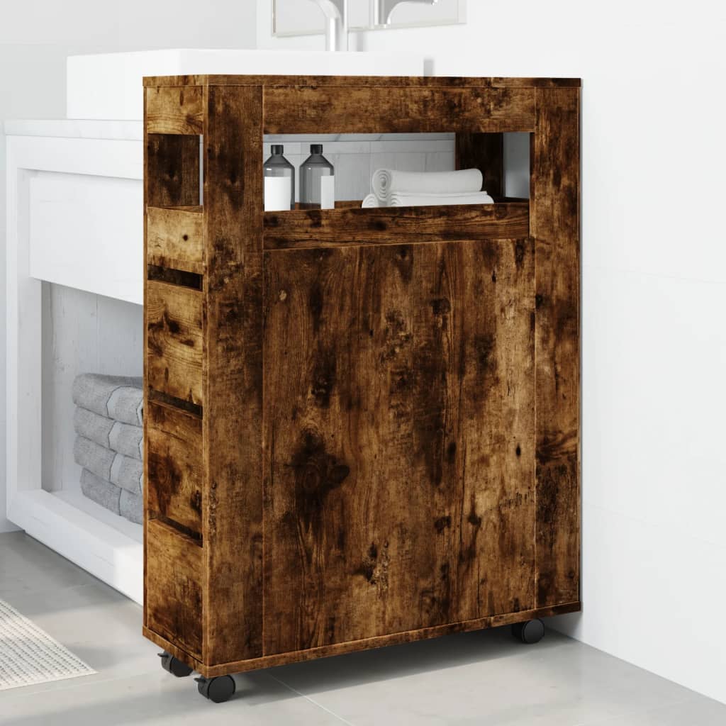 Narrow Bathroom Cabinet with Wheels Smoked Oak Engineered Wood