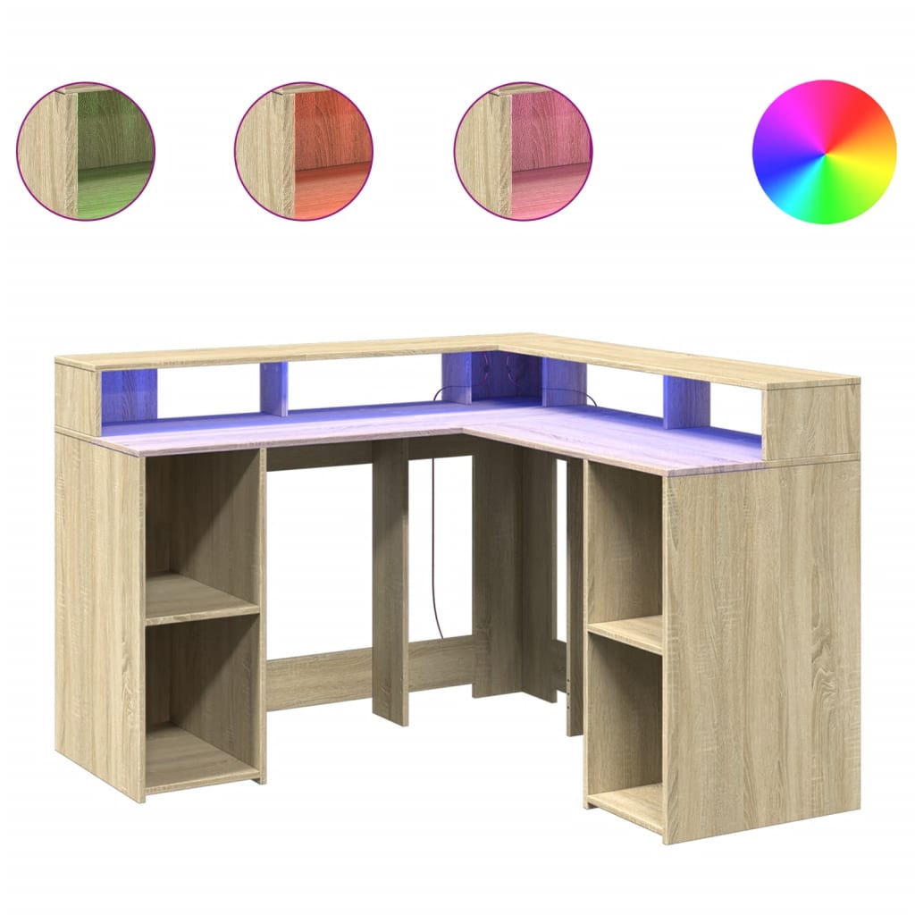 Desk with LED Lights Sonoma Oak 130x130x91 cm Engineered Wood