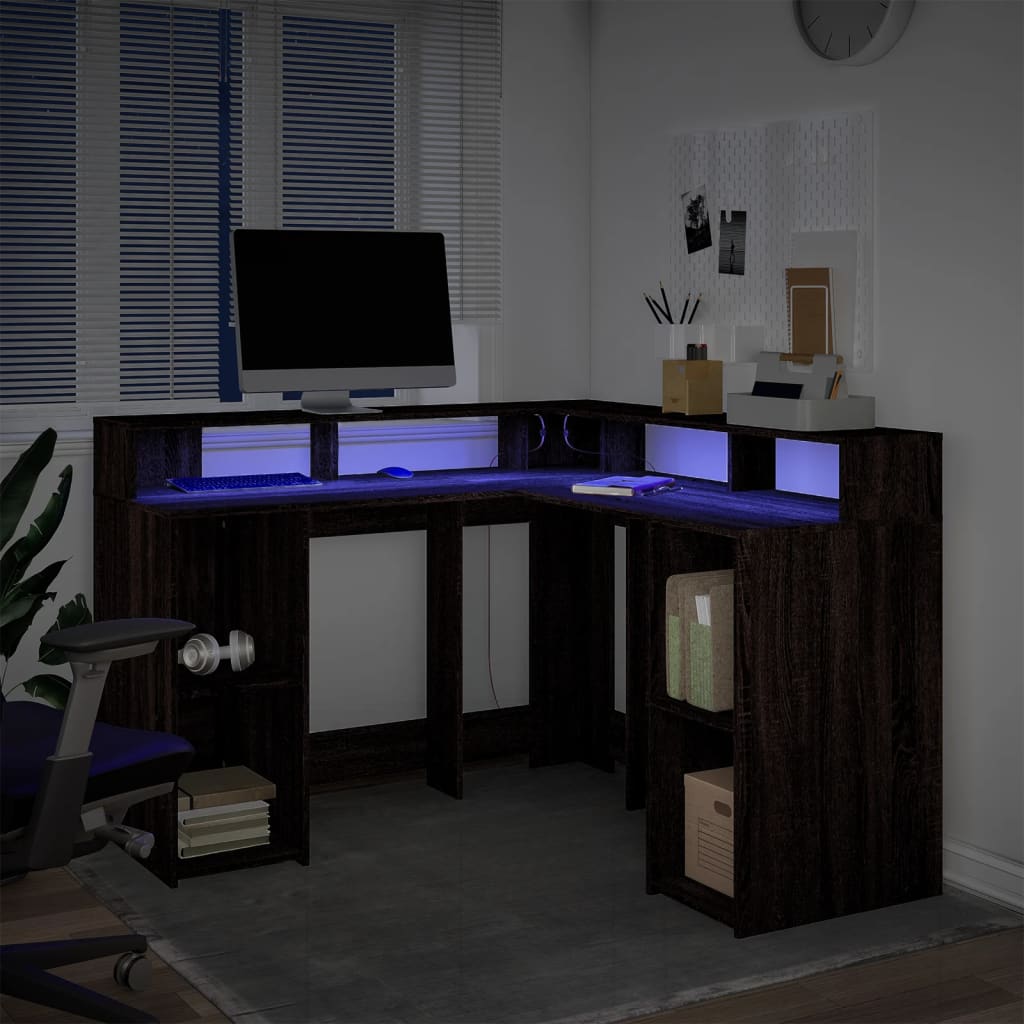 Desk with LED Lights Brown Oak 130x130x91 cm Engineered Wood