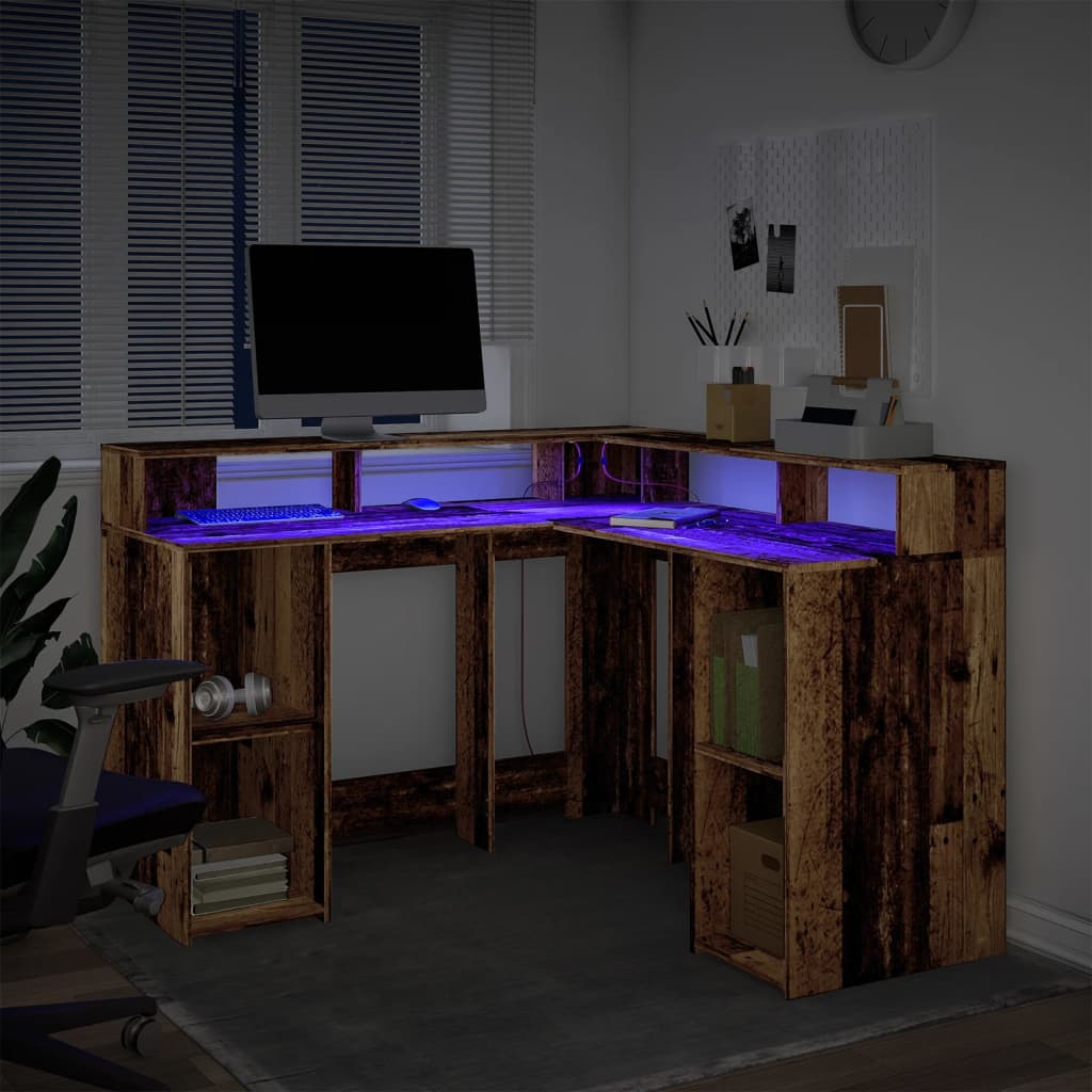 Desk with LED Lights Old Wood 130x130x91 cm Engineered Wood