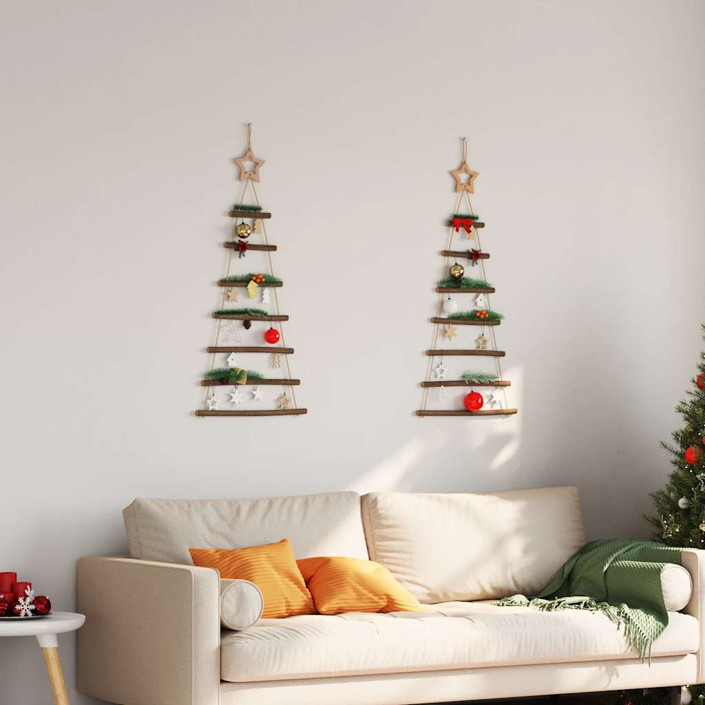 Hanging Christmas Trees with Top Stars 2 pcs 42x90 cm Natural Branch