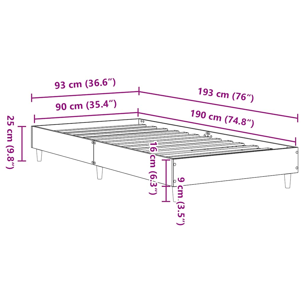 Bed Frame No Mattress Grey Sonoma 90x190 cm Single Engineered Wood