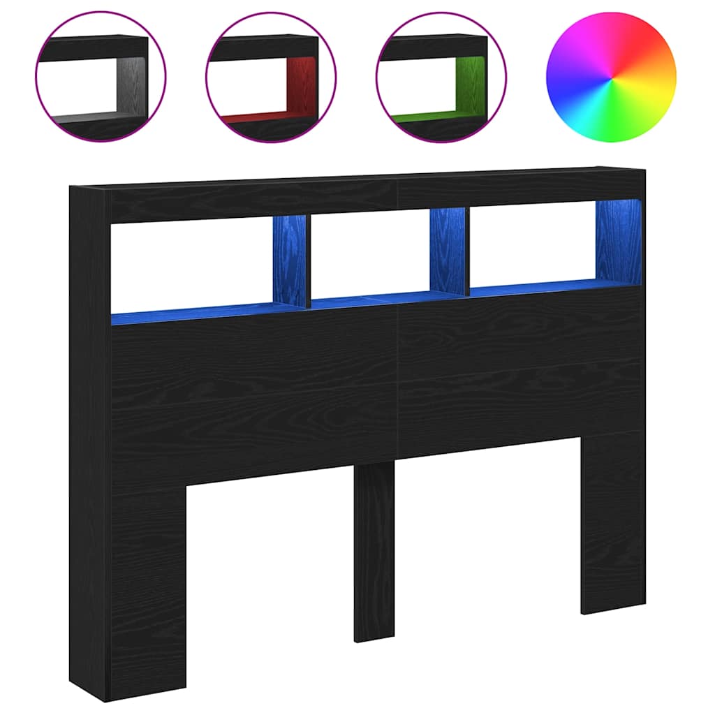 Headboard Cabinet with LED Black Oak 140x17x102 cm