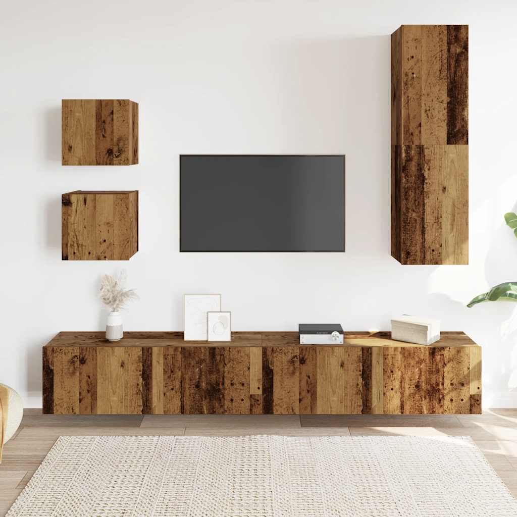 5 Piece TV Cabinet Set Wall-mounted Old Wood Engineered Wood