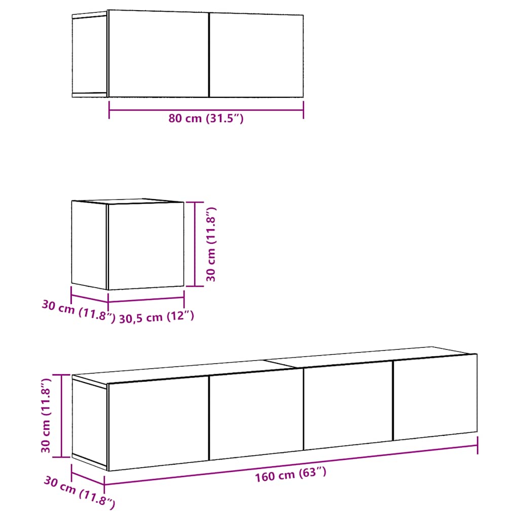 4 Piece TV Cabinet Set Wall-mounted Old Wood Engineered Wood