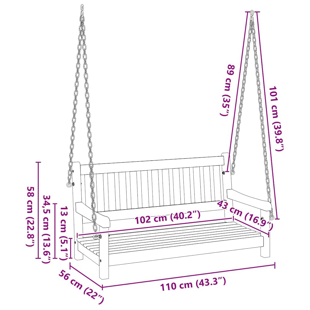 Garden Swing Bench Brown 119 x 35 x 47cm Solid Acacia wood