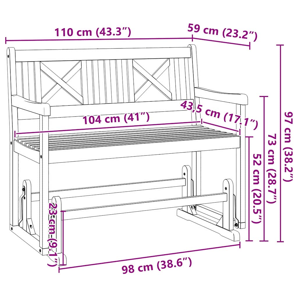 Garden Glider Bench Brown 110 x 59 x 97cm Solid Acacia wood