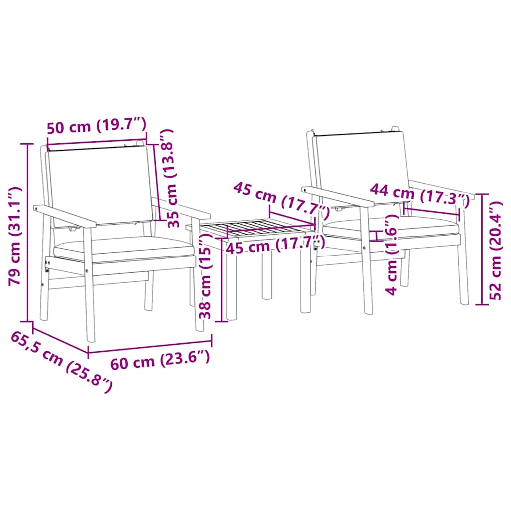 Garden Sofa Set 3 pcs Brown 45 x 45 x 38cm Solid Acacia wood