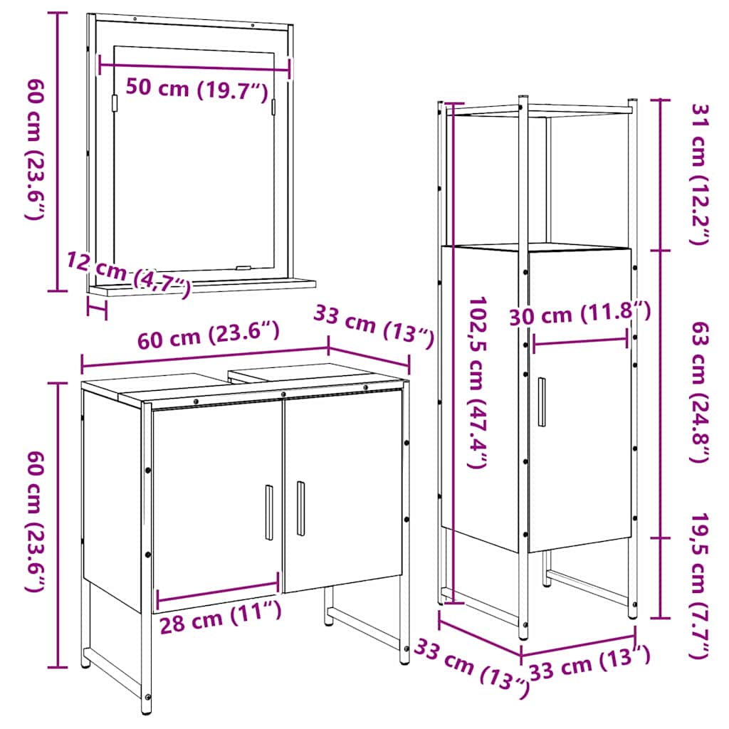 Bathroom Furniture Set with Door 3 pcs Brown 33 x 33 x 102.5 cm