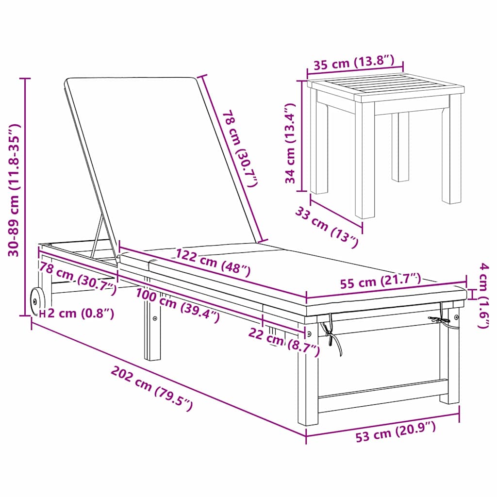 Sun Lounger Reclining Brown 53 x 202 x 89cm Solid Acacia wood