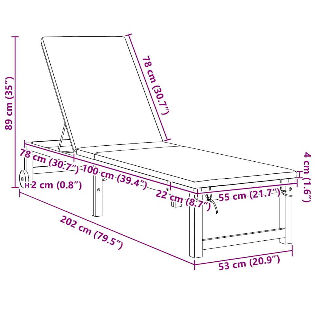 Sun Lounger Reclining Brown 53 x 202 x 89cm Solid Acacia wood
